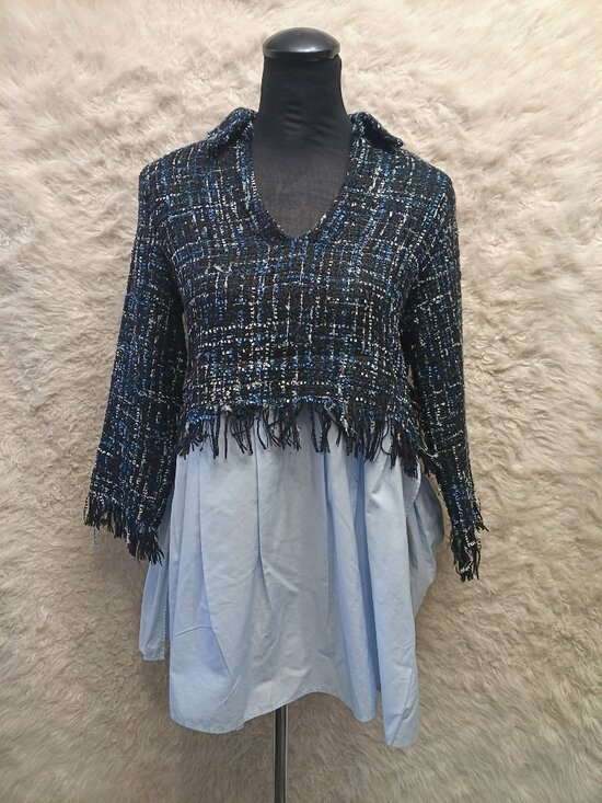 Zara Basic Women's Blue Black Tweed Fringe Poplin Tunic Top Blouse Collared - Picture 1 of 8
